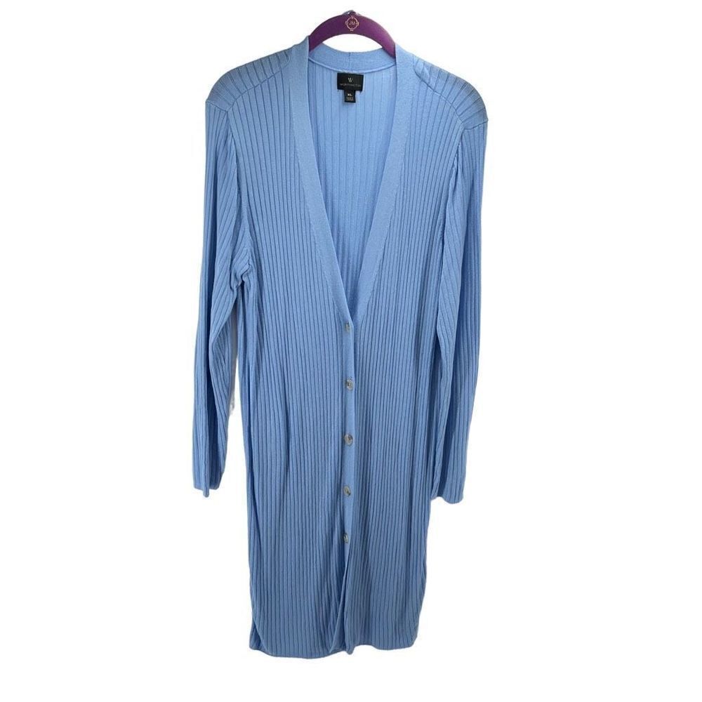 Worthington Womens Cardigan Sweater Duster Longline Button Up V Neck Blue XL